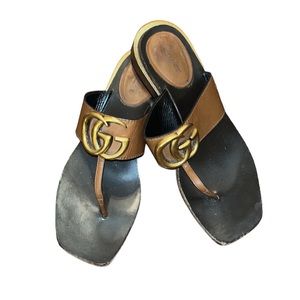 Brown Gucci Sandals with Gold GG logo and Gold Heel